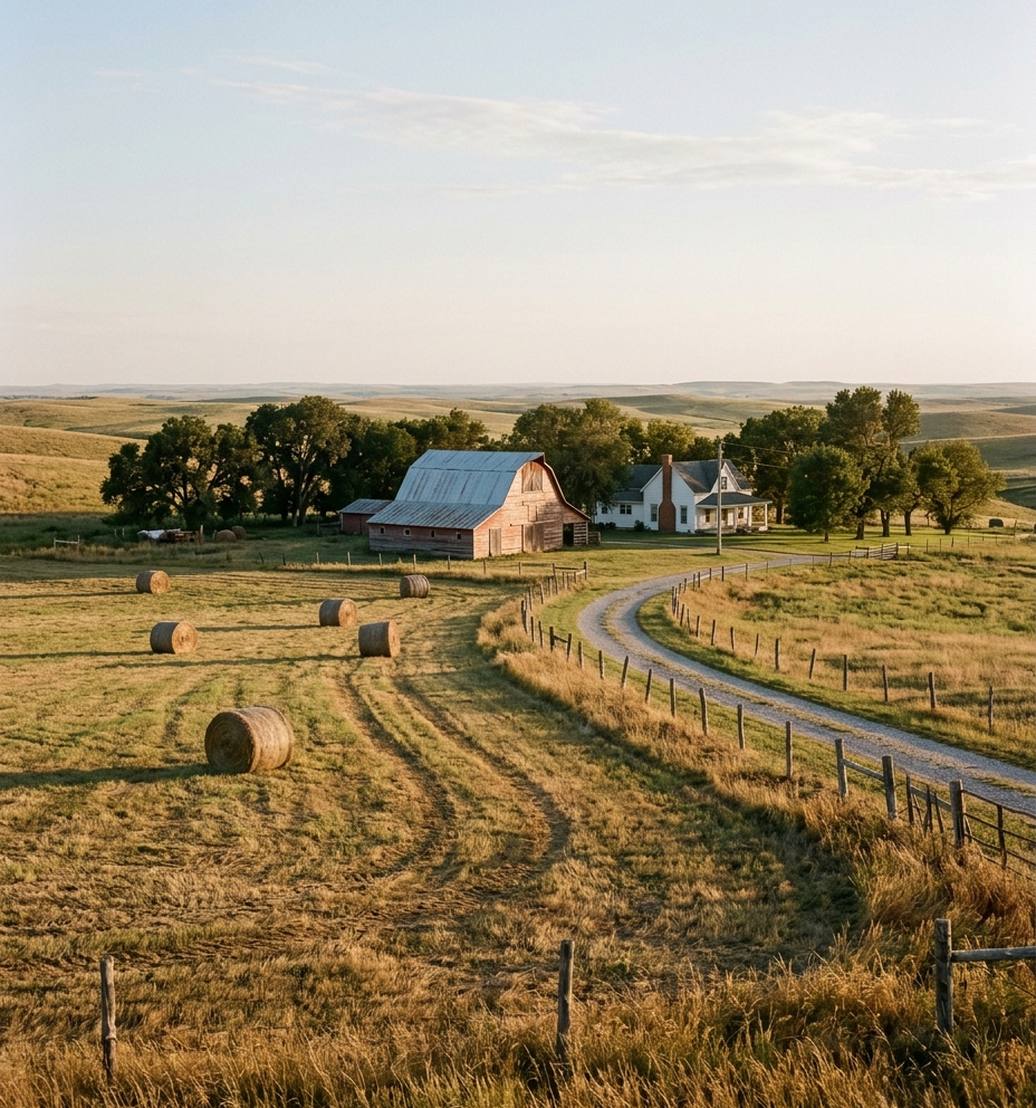 A red barn and white farmhouse among oaks on rolling hay fields at golden hour