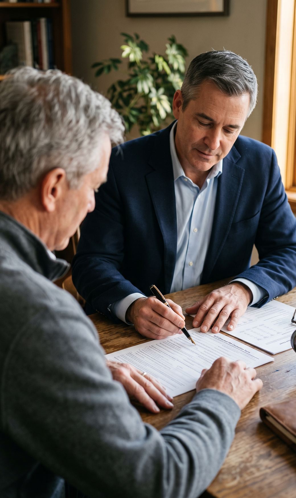 A retirement investor reviewing self-directed IRA paperwork with a tax advisor at a wooden desk